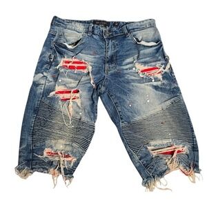 Decibel Mens Distressed Biker Denim Shorts Blue Red Moto Paint Splatter 34. 677